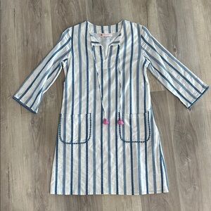 Jude Connally White Dress with Blue Stripes